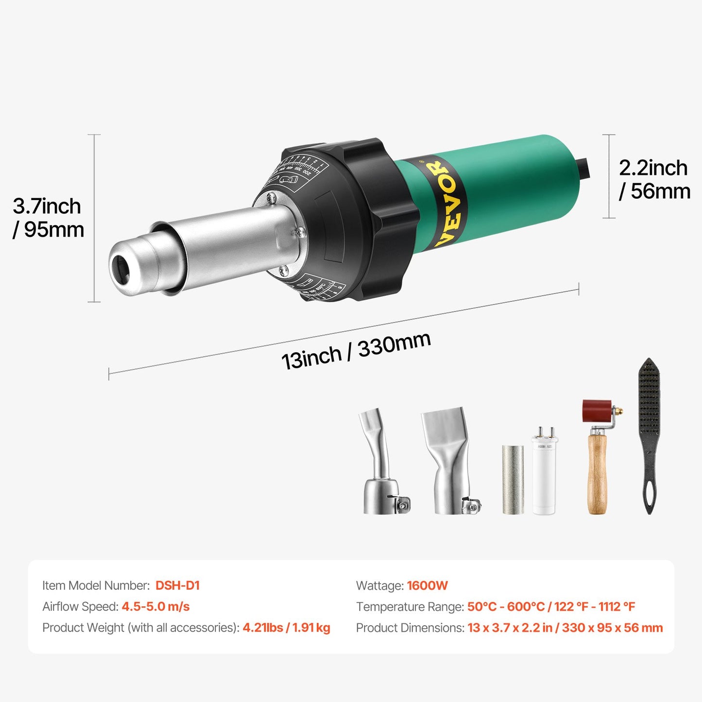 Varmluftsplastsvetsare 1600 W PVC TPO Vinyl Värmepistol Ficklampa & 5 tillbehör