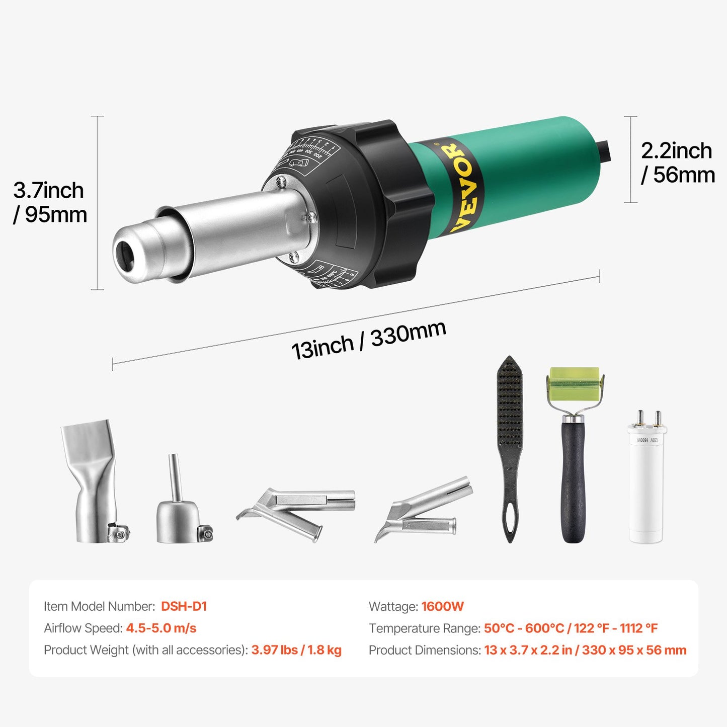 Varmluftsplastsvetsare 1600 W PVC TPO Vinyl Värmepistol Ficklampa & 7 tillbehör