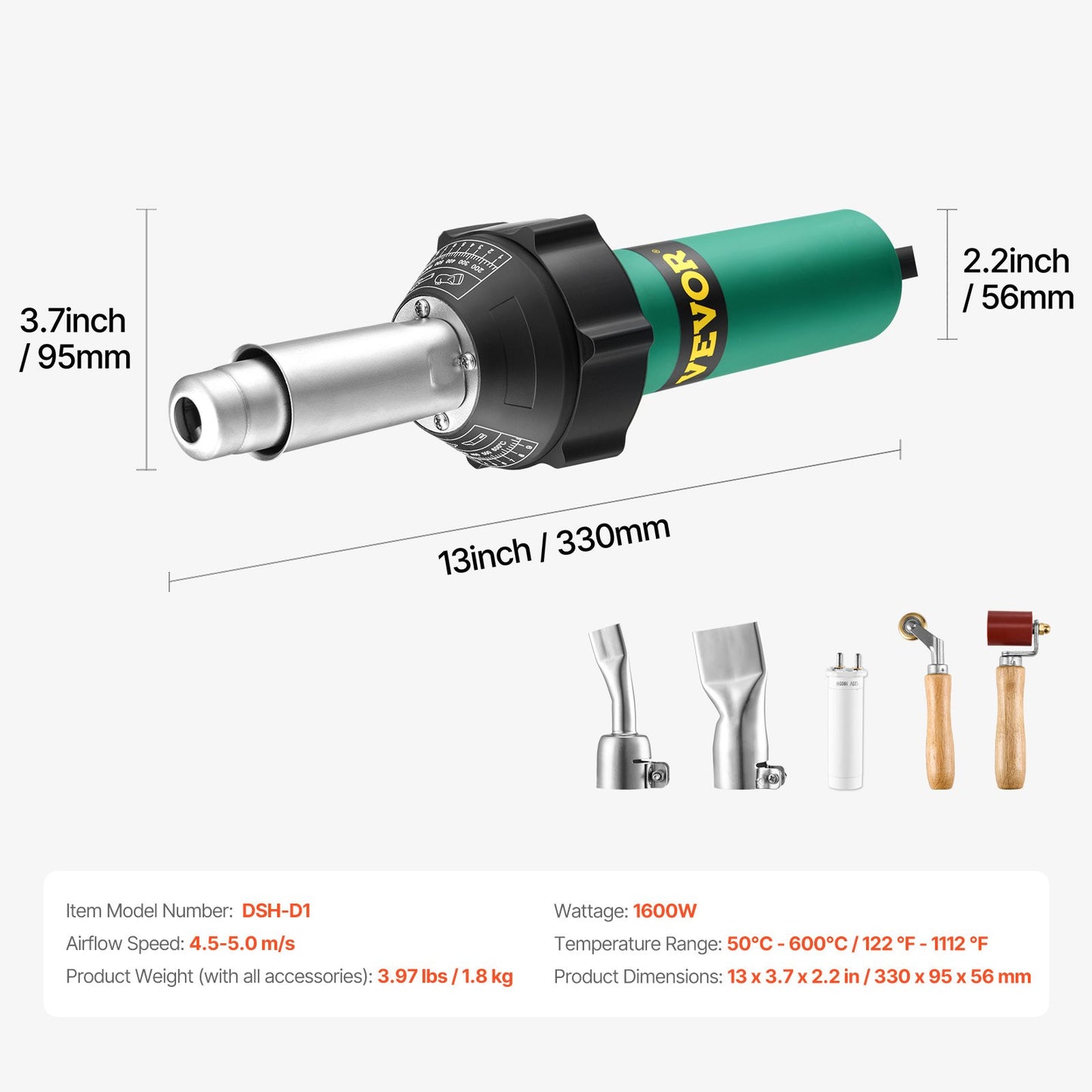 Varmluftsplastsvetsare 1600 W PVC TPO Vinyl Värmepistol Ficklampa & 5 tillbehör