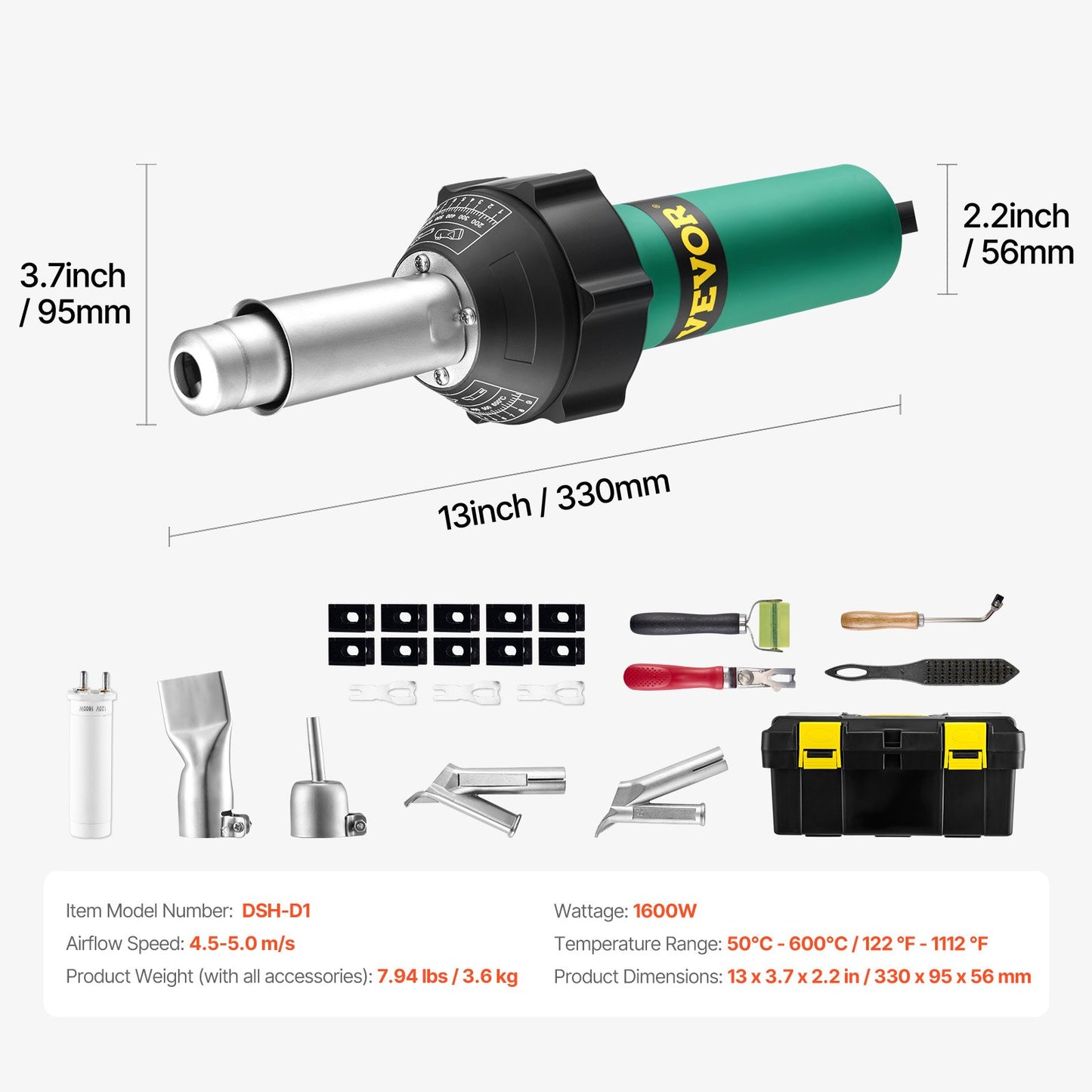 Varmluftsplastsvetsare 1600 W PVC TPO Vinyl Värmepistol Ficklampa & 11 tillbehör