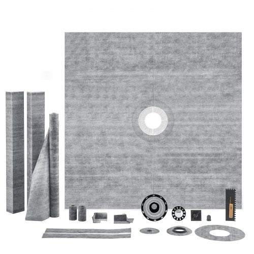 Shower Curb Kit, 72"x72" Shower Pan Kit with 2" PVC Central Flange, 4" Stainless Steel Grate, Waterproof Shower Curb & Membrane & Strip, Shower Pan Slope Sticks Fit for Bathroom