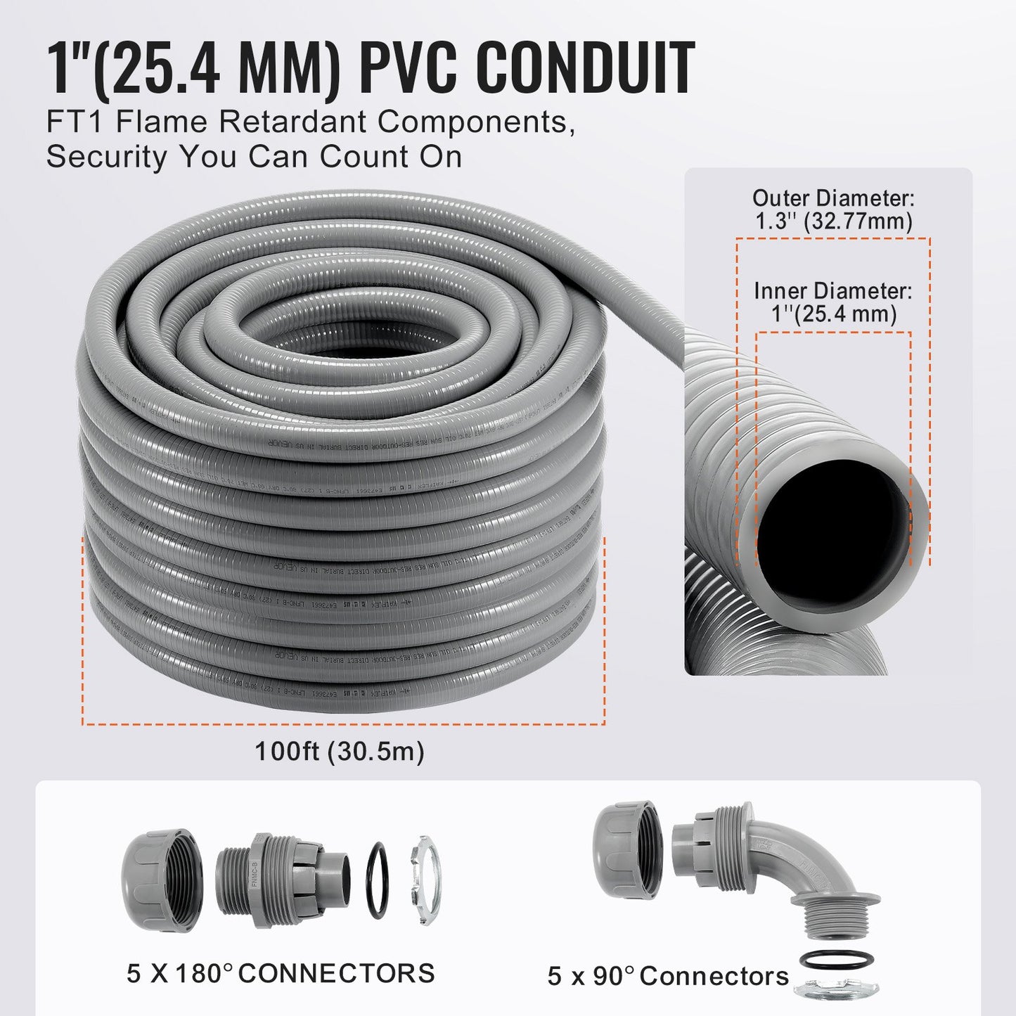 1 i flexibel vätsketät elektrisk PVC-ledning 100 fot icke-metallisk IP65