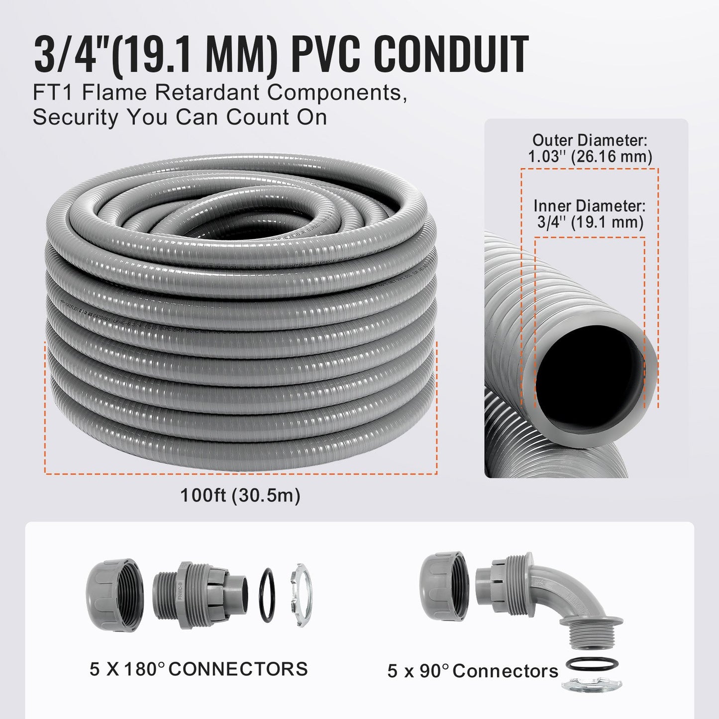 3/4 i flexibel vätsketät elektrisk PVC-ledning 100 fot icke-metallisk