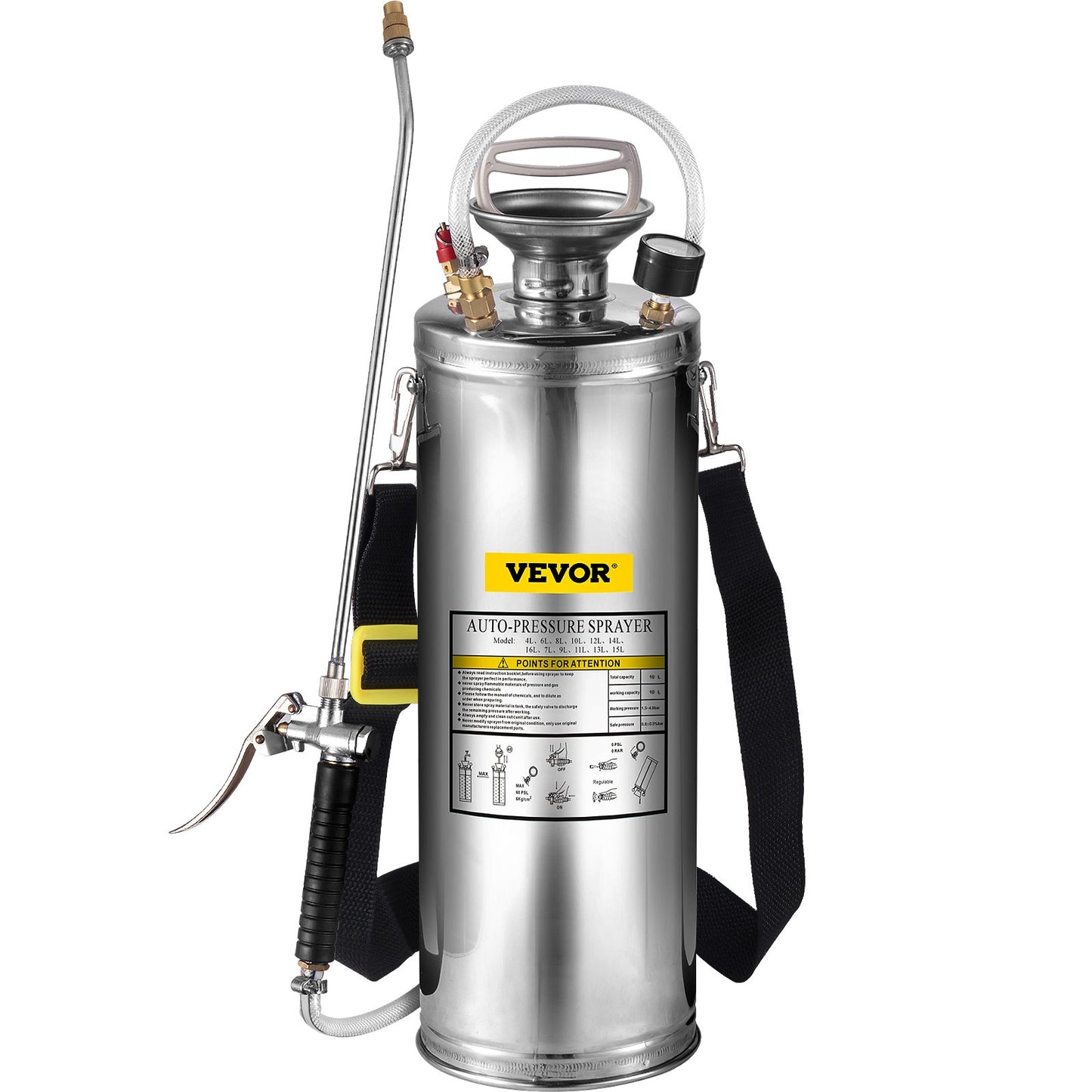 Stainless Steel Sprayer 10L Household Garden and Floor Cleaning Sprayer, Suitable for Current Neds in Industry, Agriculture, Commerce, Medicine and Other Industries