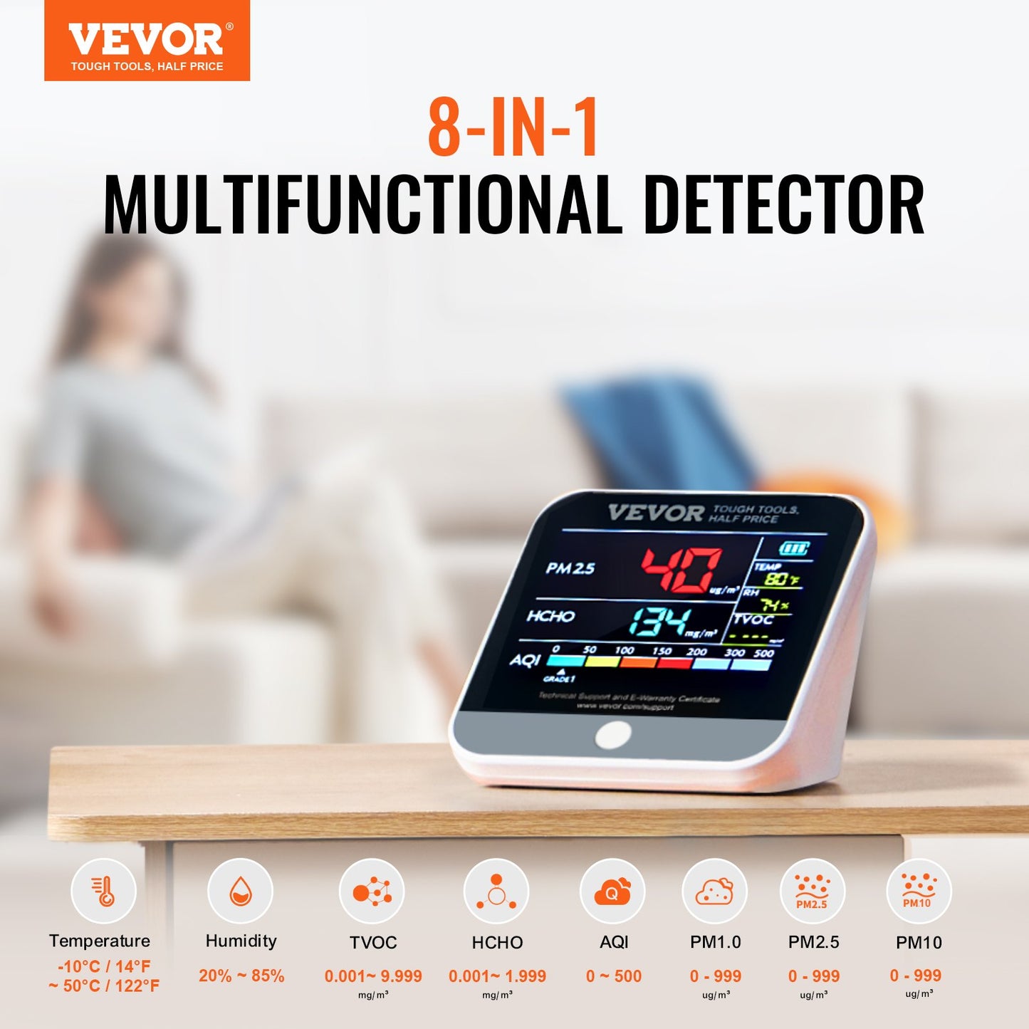 8-IN-1 Mini Air Quality Monitor Meter PM1.0/2.5/10 HCHO TVOC Tester