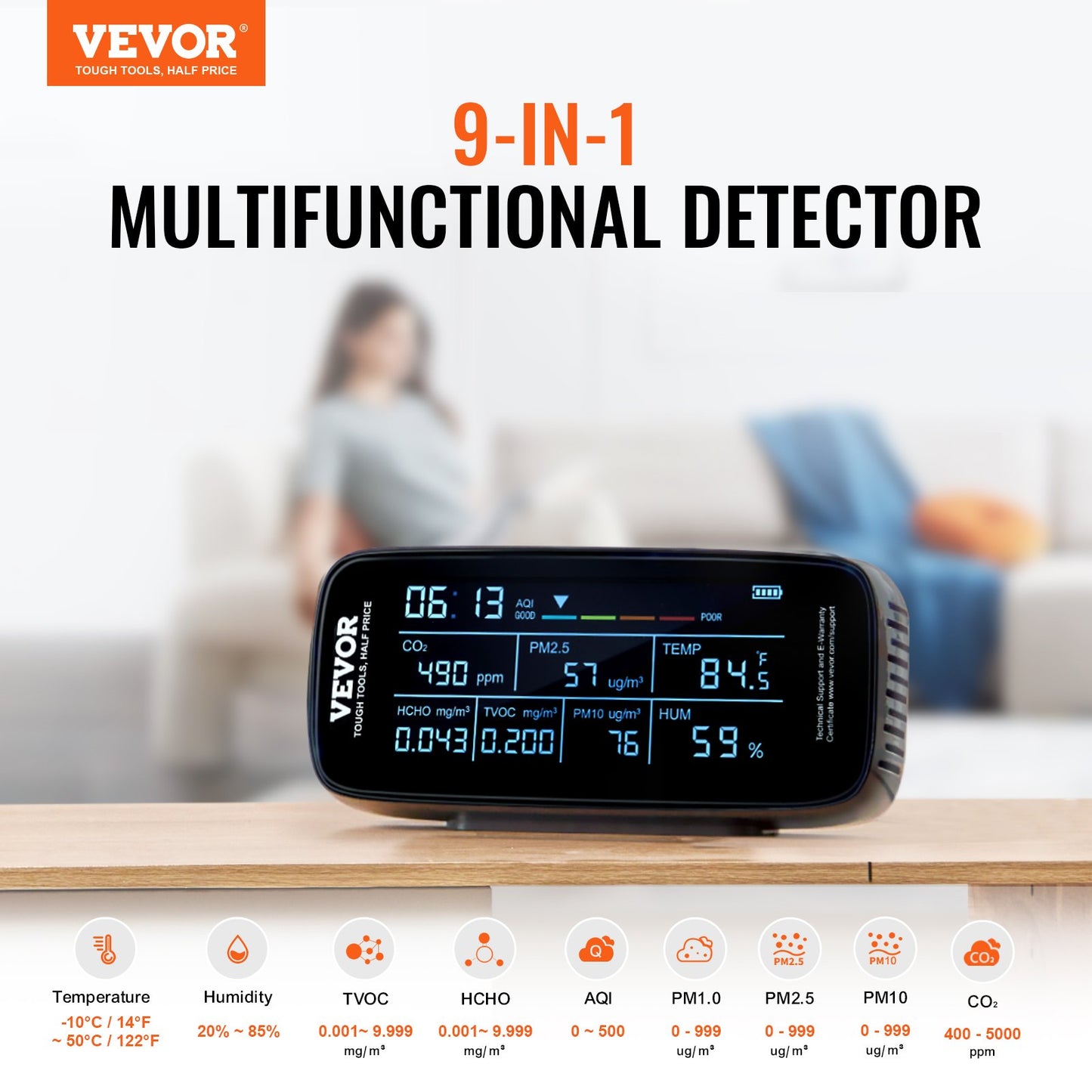 9-IN-1 luftkvalitetsmonitor CO2-detektor PM1.0/2.5/10 HCHO TVOC-testare