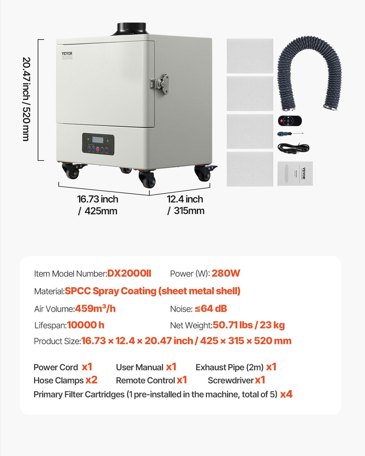 Lödgasutsug 459 m³/h 280W borstlös motor med 10 nivåer hastighet
