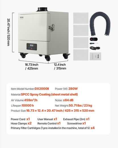 Lödgasutsug 459 m³/h 280W borstlös motor med 10 nivåer hastighet