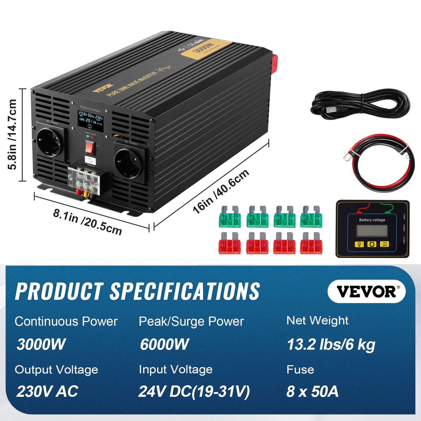Pure Sine Wave Inverter Power Inverter 3000W DC24V to AC230V Inverter LCD