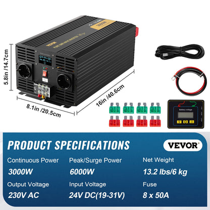 Pure Sine Wave Inverter Power Inverter 3000W DC24V to AC230V Inverter LCD