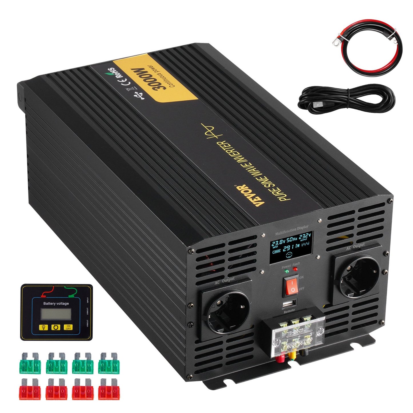 Pure Sine Wave Inverter Power Inverter 3000W DC24V to AC230V Inverter LCD