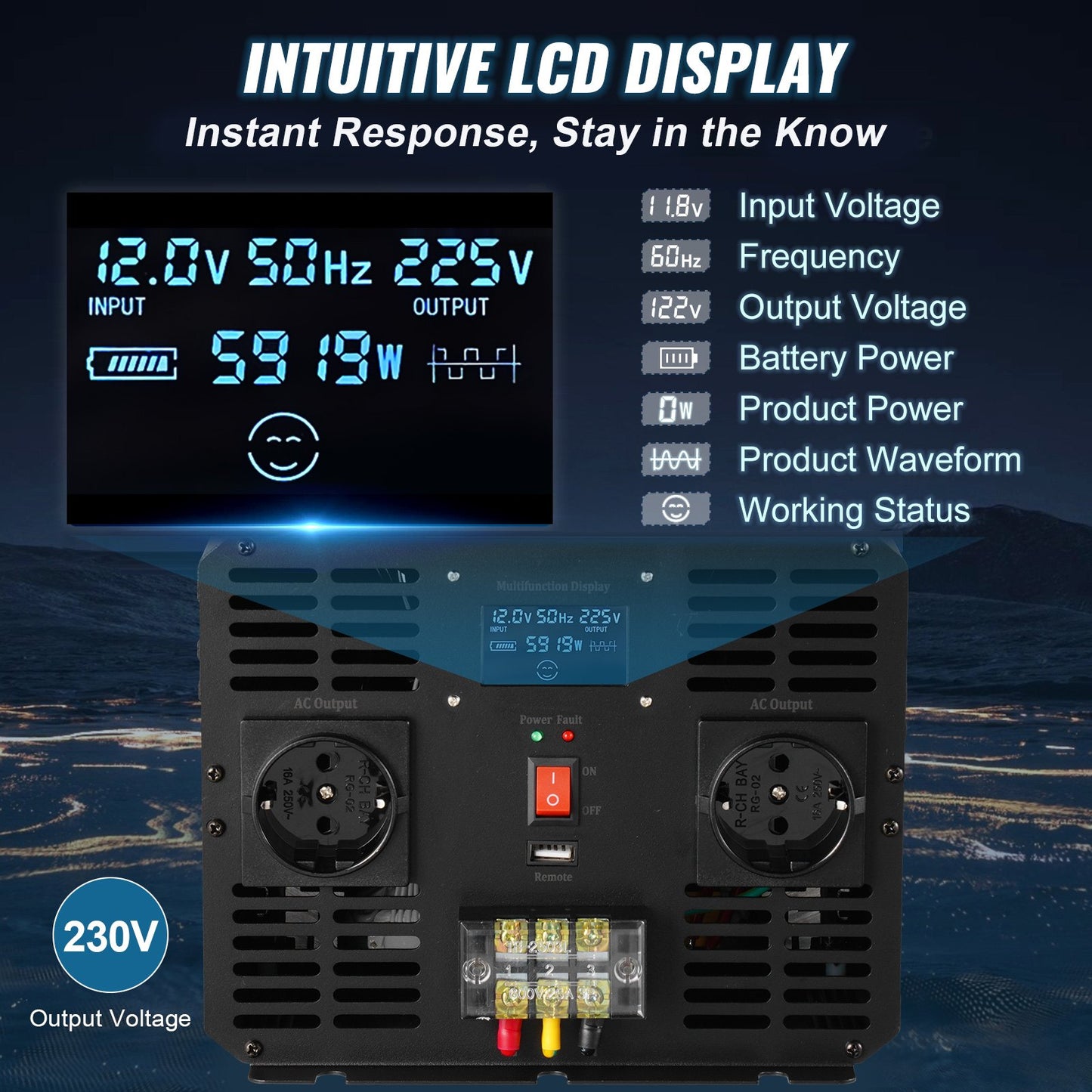 Pure Sine Wave Inverter Power Inverter 5000W DC12V to AC230V Inverter LCD