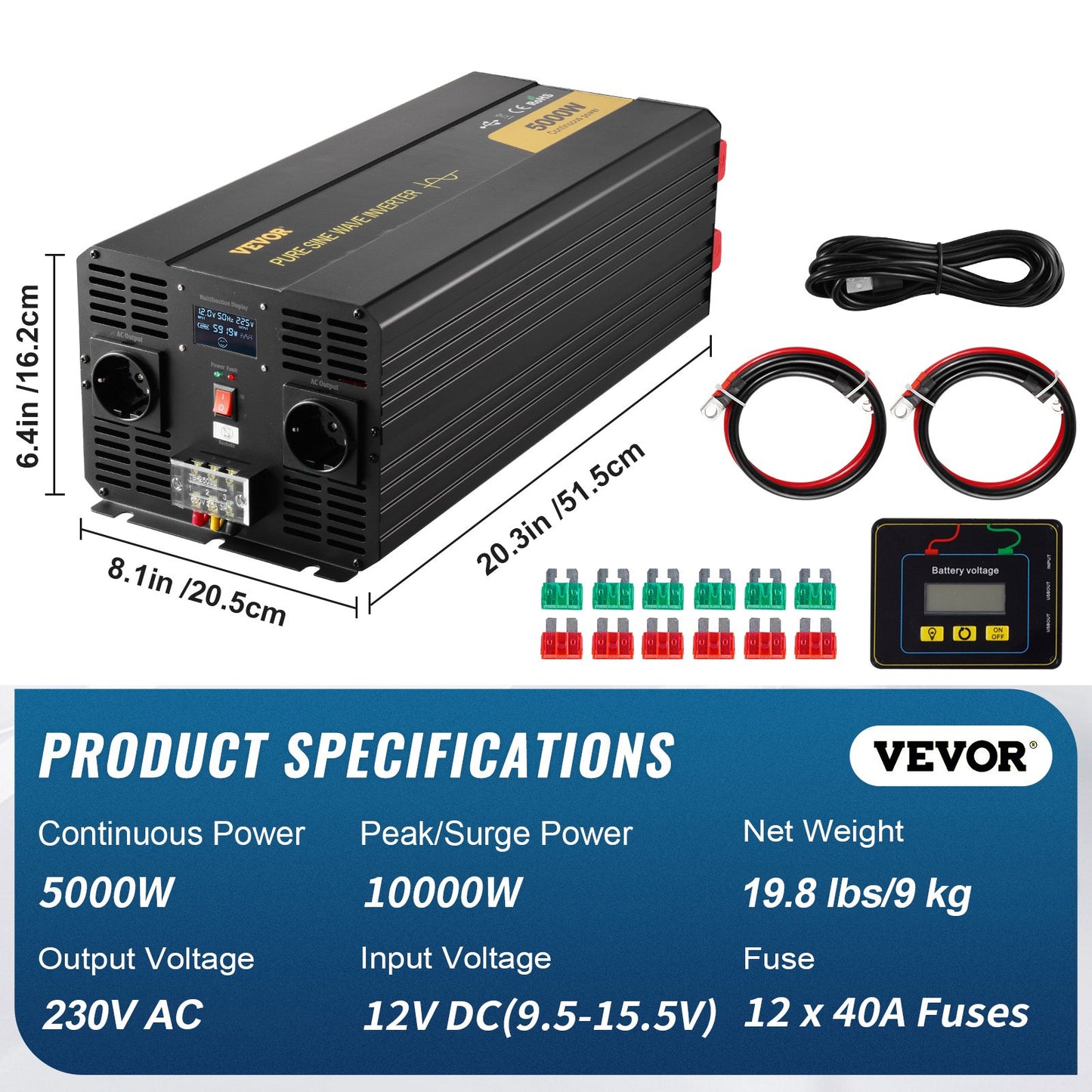 Pure Sine Wave Inverter Power Inverter 5000W DC12V to AC230V Inverter LCD