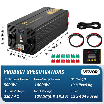 Pure Sine Wave Inverter Power Inverter 5000W DC12V to AC230V Inverter LCD