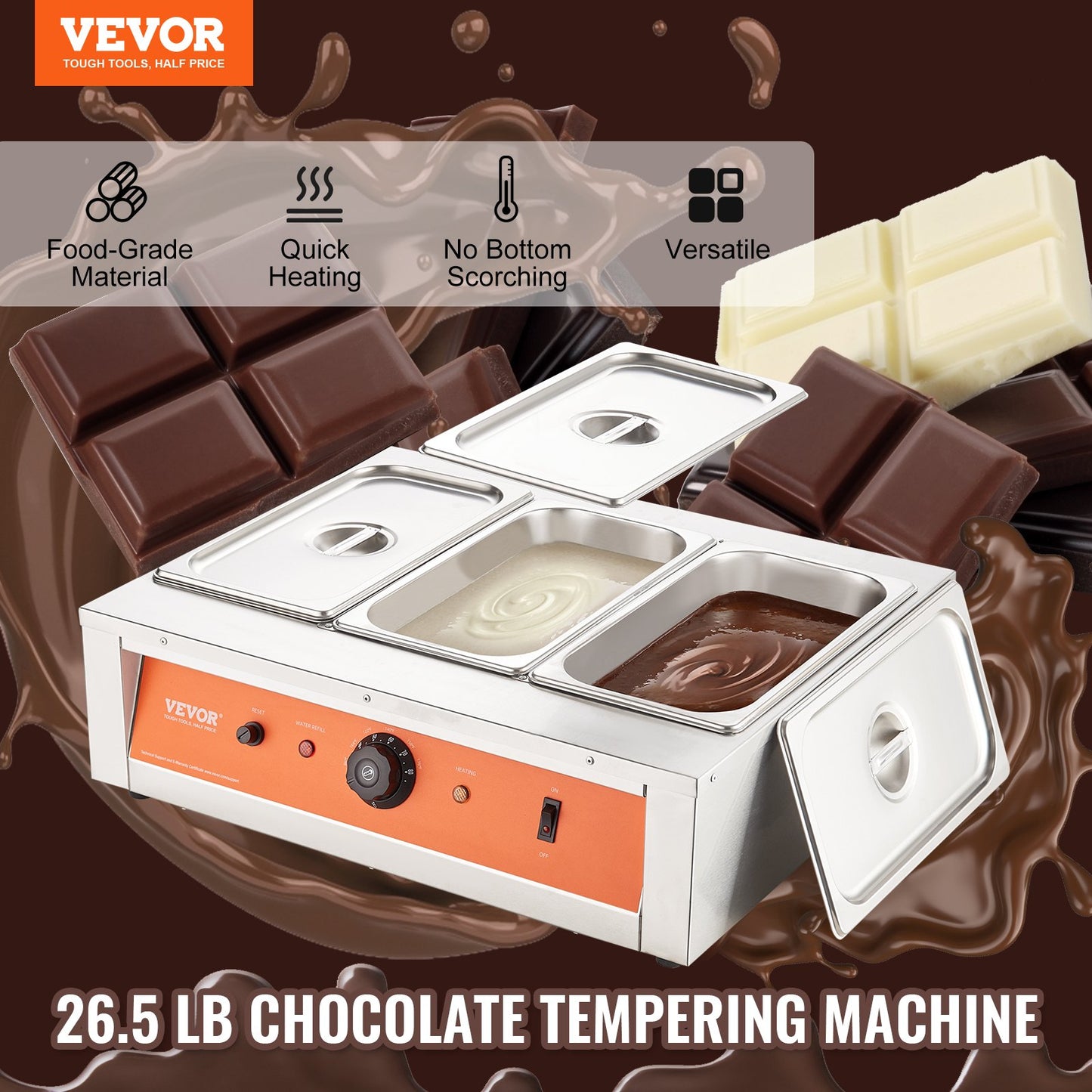 Chokladtempereringsmaskin Chokladsmältdegel 26,5 pund 3 tankar