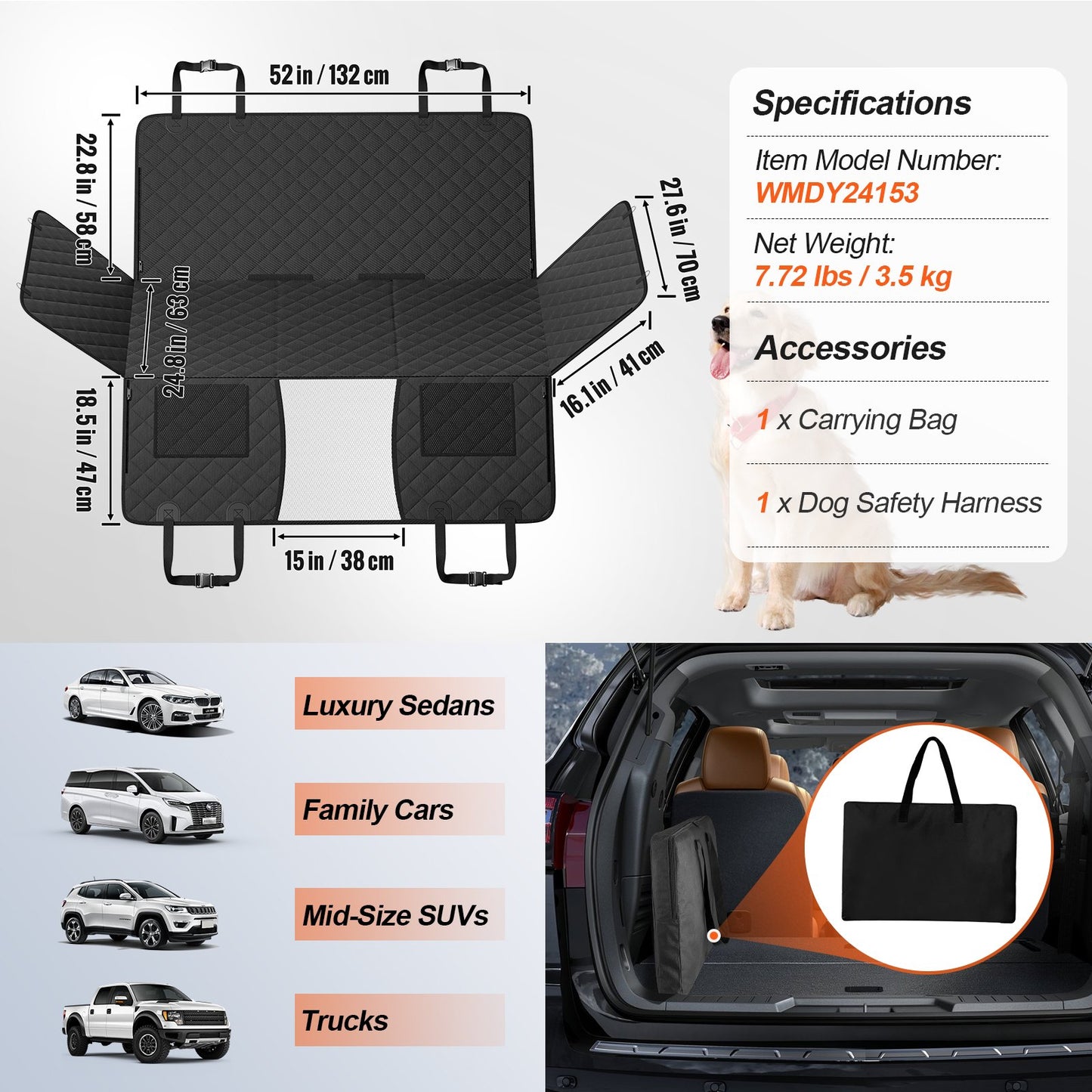 52 x 24,8 Zoll Hunde-Autositzbezug für die Rückbank, wasserdicht, 600D, für Autos