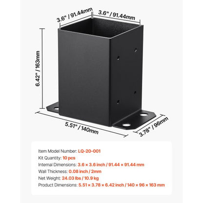 4x4 stolpbas 10 st, innerstorlek 3,6x3,6 tum / 91,44x91,44 mm stolpfästen, kraftiga däckstolpar i kolstål, trästolpfästen för paviljongdäck, räcke, stöddäck, bottenplatta, svart |  EU