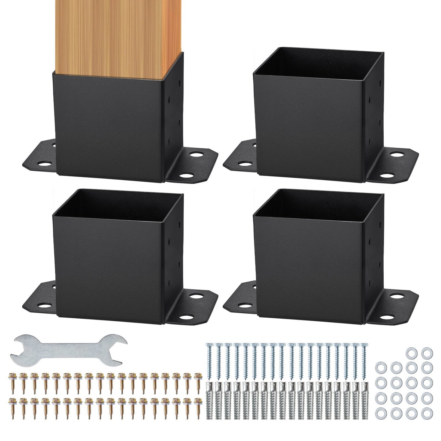 6x6 stolpbas 4 st, innerstorlek 5,6"x5,6" stolpbasfästen, kraftig pulverlackerad stolpeankare Mattsvart trästolpfästen för paviljongdäcksräcke Stöddäcks bottenplatta