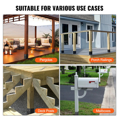 4x4 post base 4 pcs, inner size 3.6x3.6 post base brackets, heavy duty powder coated post anchor Matte black wooden post brackets for pavilion deck railing Support deck base plate