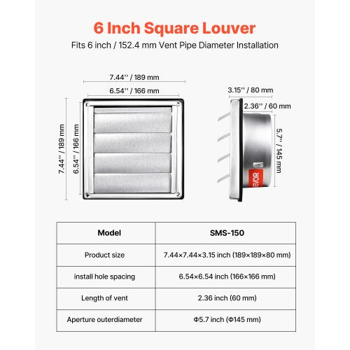 145 mm fyrkantig väggventilationsskydd med lameller i rostfritt stål AC-ventil 1-pack
