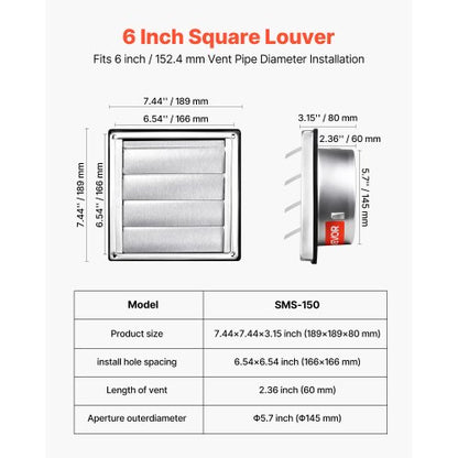 145 mm fyrkantig väggventilationsskydd med lameller i rostfritt stål AC-ventil 1-pack