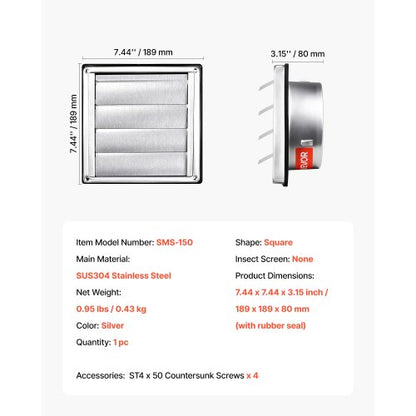 145 mm fyrkantig väggventilationsskydd med lameller i rostfritt stål AC-ventil 1-pack