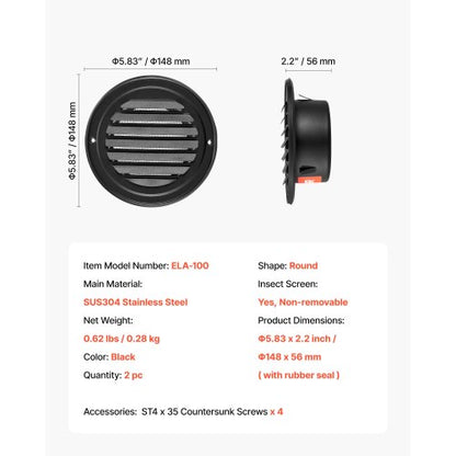 97 mm Rund Väggventilationsskydd Rostfritt Stål AC-ventil 2-pack Svart