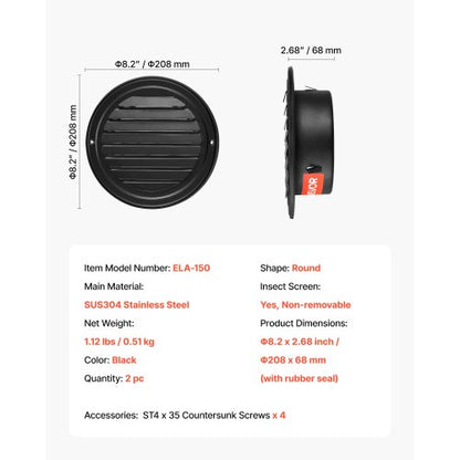 145 mm Rund Väggventilationsskydd Rostfritt Stål AC-ventil 2-pack Svart