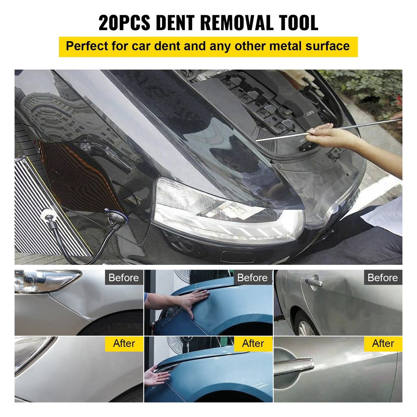 Rods Dent Removal Kit, 20pcs Paintless Dent Repair Tools, Stainless Steel Dent Repair Tools, Whale Tail Dent Repair Tool, Professional Shot Dent Removal Tool for Minor Dents, Door Stings and Hail Damage