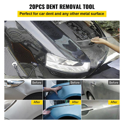Rods Dent Removal Kit, 20pcs Paintless Dent Repair Tools, Stainless Steel Dent Repair Tools, Whale Tail Dent Repair Tool, Professional Shot Dent Removal Tool for Minor Dents, Door Stings and Hail Damage