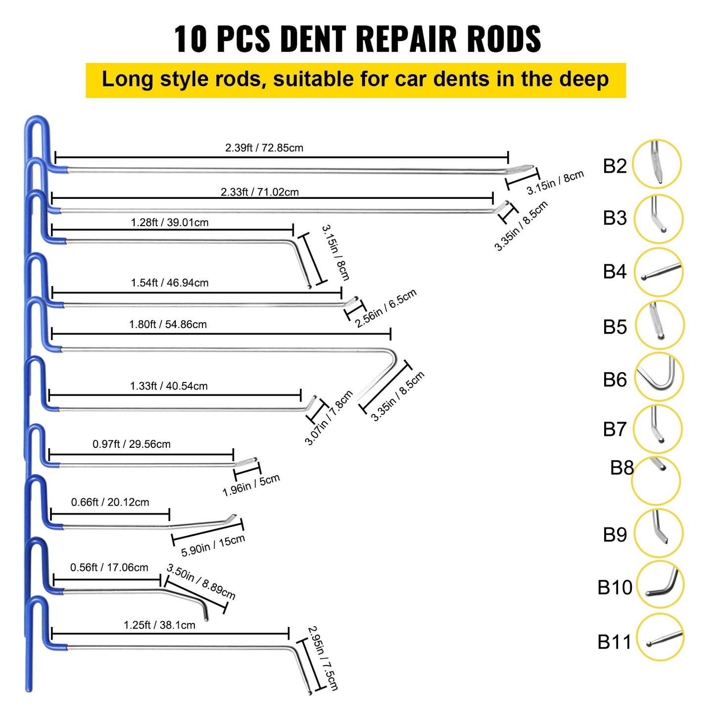 Rods Dent Removal Kit, 20pcs Paintless Dent Repair Tools, Stainless Steel Dent Repair Tools, Whale Tail Dent Repair Tool, Professional Shot Dent Removal Tool for Minor Dents, Door Stings and Hail Damage
