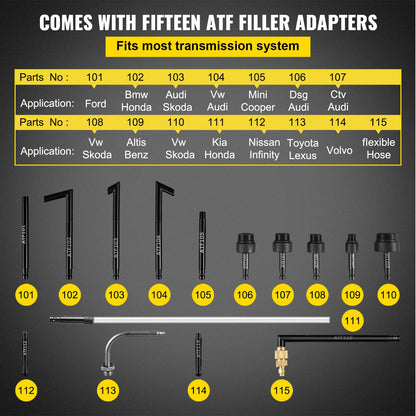 Transmissionsvätskepump manuell ATF-påfyllningssystem dispenser, olje- och vätskeextraktorer 7,5 liter stor kapacitet, automatisk transmissionsvätskepump verktygssats med 15 delar ATF-påfyllningsadaptrar