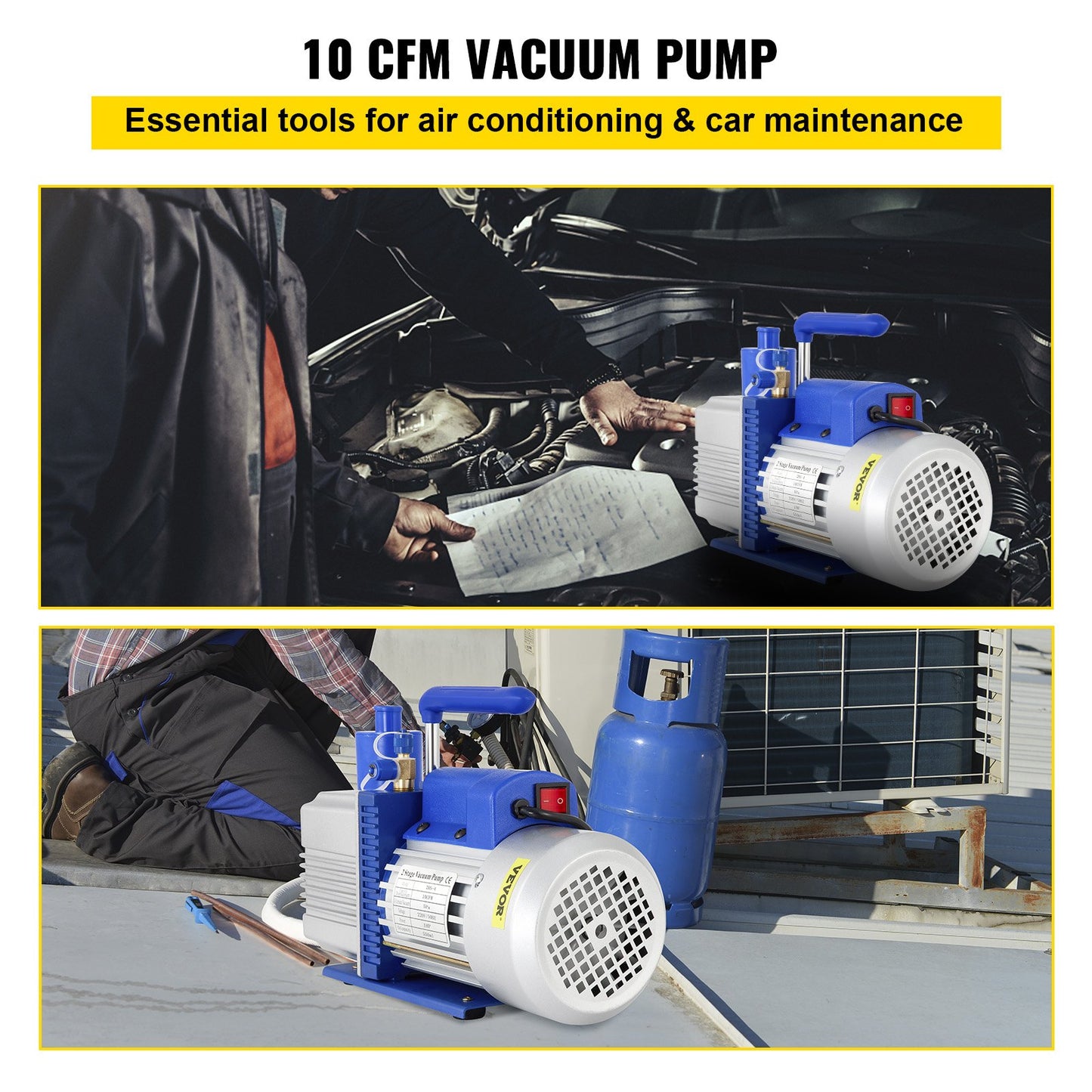 Vacuum Pump, 10CFM 1 HP, Two-Stage Rotary Vane Vacuum Pump, 220V 5 PA Plant HVAC Refrigerant Air Tool for HVAC, Automatic AC Refrigerant Refilling, Wine Degassing and Food Processing, Blue