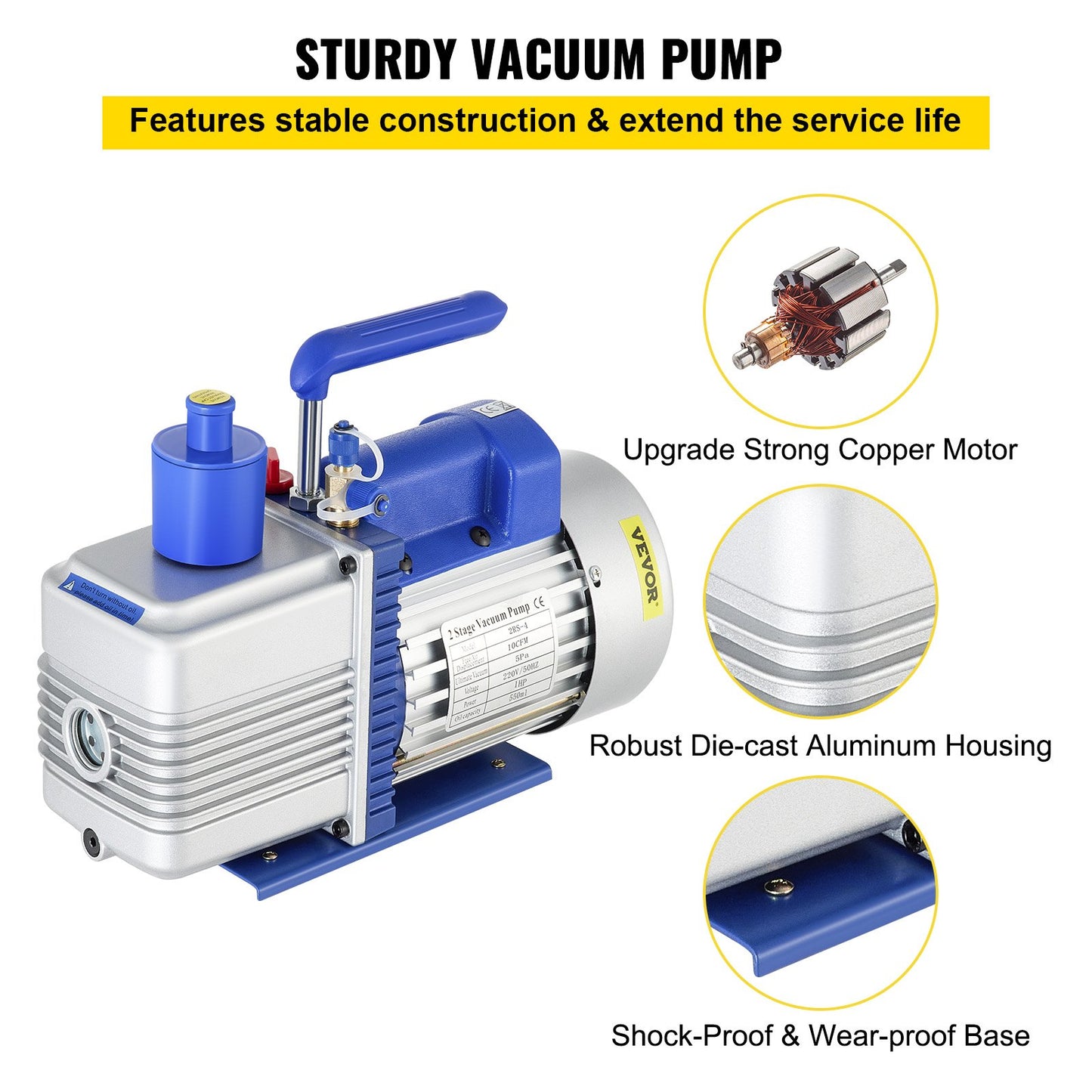 Vacuum Pump, 10CFM 1 HP, Two-Stage Rotary Vane Vacuum Pump, 220V 5 PA Plant HVAC Refrigerant Air Tool for HVAC, Automatic AC Refrigerant Refilling, Wine Degassing and Food Processing, Blue