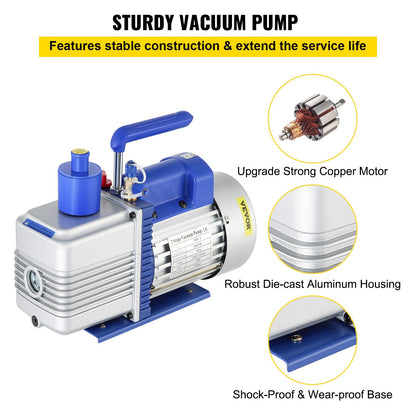 Vacuum Pump, 10CFM 1 HP, Two-Stage Rotary Vane Vacuum Pump, 220V 5 PA Plant HVAC Refrigerant Air Tool for HVAC, Automatic AC Refrigerant Refilling, Wine Degassing and Food Processing, Blue