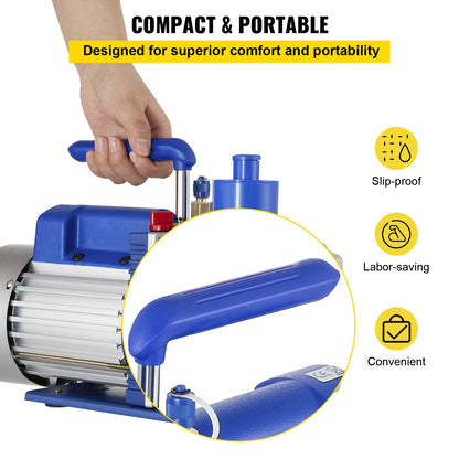Vacuum Pump, 10CFM 1 HP, Two-Stage Rotary Vane Vacuum Pump, 220V 5 PA Plant HVAC Refrigerant Air Tool for HVAC, Automatic AC Refrigerant Refilling, Wine Degassing and Food Processing, Blue