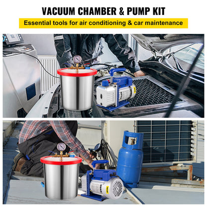 3 CFM 1/4HP Single Stage Vacuum Pump, 3 Gallon (13 Liter) Vacuum Chamber Kit, HVAC A/C Refrigeration Kit