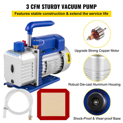 3 CFM 1/4HP Single Stage Vacuum Pump, 3 Gallon (13 Liter) Vacuum Chamber Kit, HVAC A/C Refrigeration Kit