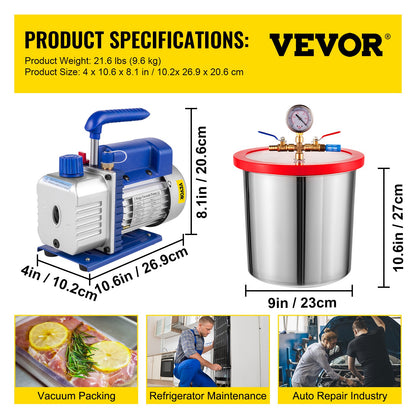 3 CFM 1/4HP Single Stage Vacuum Pump, 3 Gallon (13 Liter) Vacuum Chamber Kit, HVAC A/C Refrigeration Kit