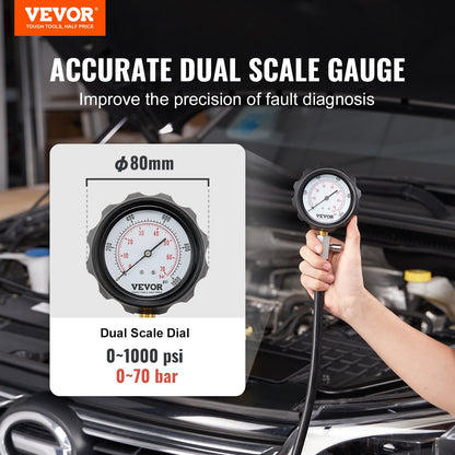 Dieselmotorkompressionstestare, 18 st Cylindertrycktestverktygssats, med 0-1000 psi mätare och adaptrar, dieselinjektortestare Kontrollera cylindrar i dieseltruckar, traktorer, utrustning