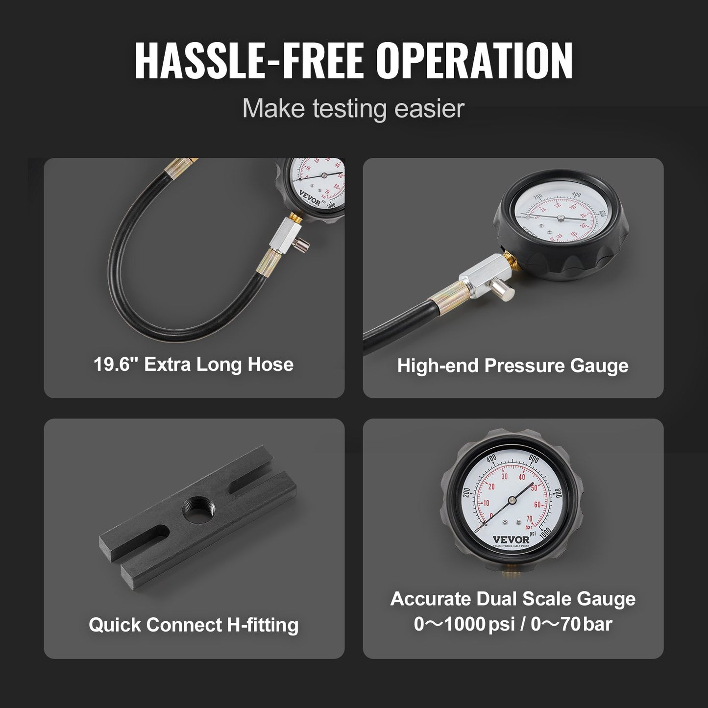 Dieselmotorkompressionstestare, 18 st Cylindertrycktestverktygssats, med 0-1000 psi mätare och adaptrar, dieselinjektortestare Kontrollera cylindrar i dieseltruckar, traktorer, utrustning