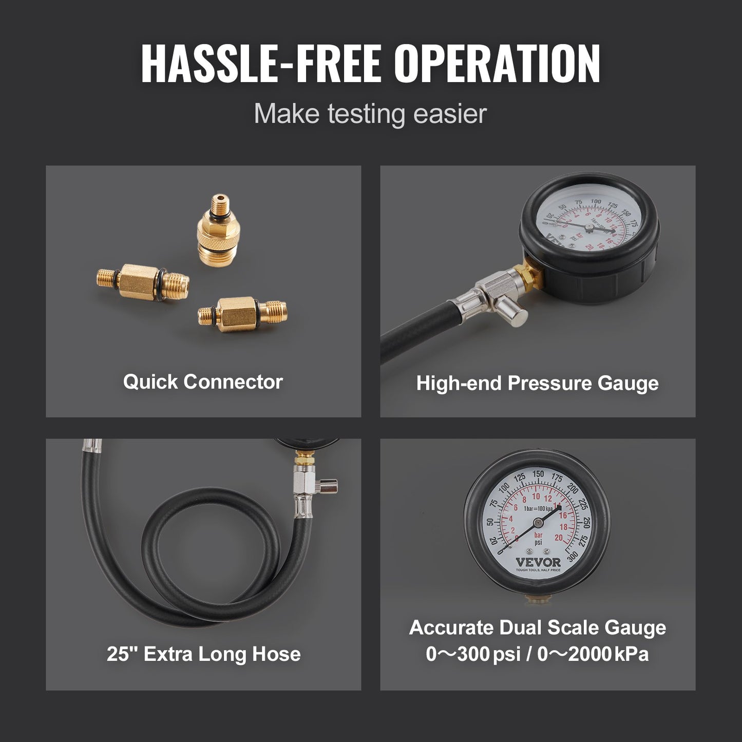Compression Tester Adapter Kit, 9pcs Car Engine Cylinder Leak Down Compression Test, Accurate Dual Scale Pressure Gauge 0-300 psi, with Long Hoses and Housing for Engine Cylinders