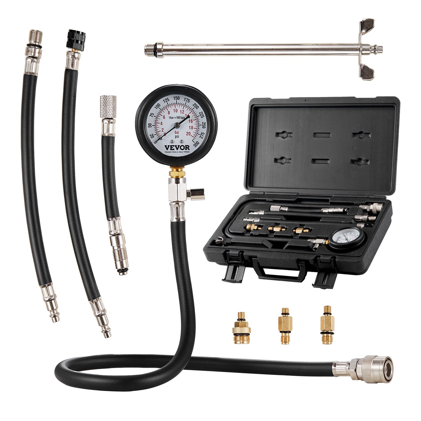 Compression Tester Adapter Kit, 9pcs Car Engine Cylinder Leak Down Compression Test, Accurate Dual Scale Pressure Gauge 0-300 psi, with Long Hoses and Housing for Engine Cylinders