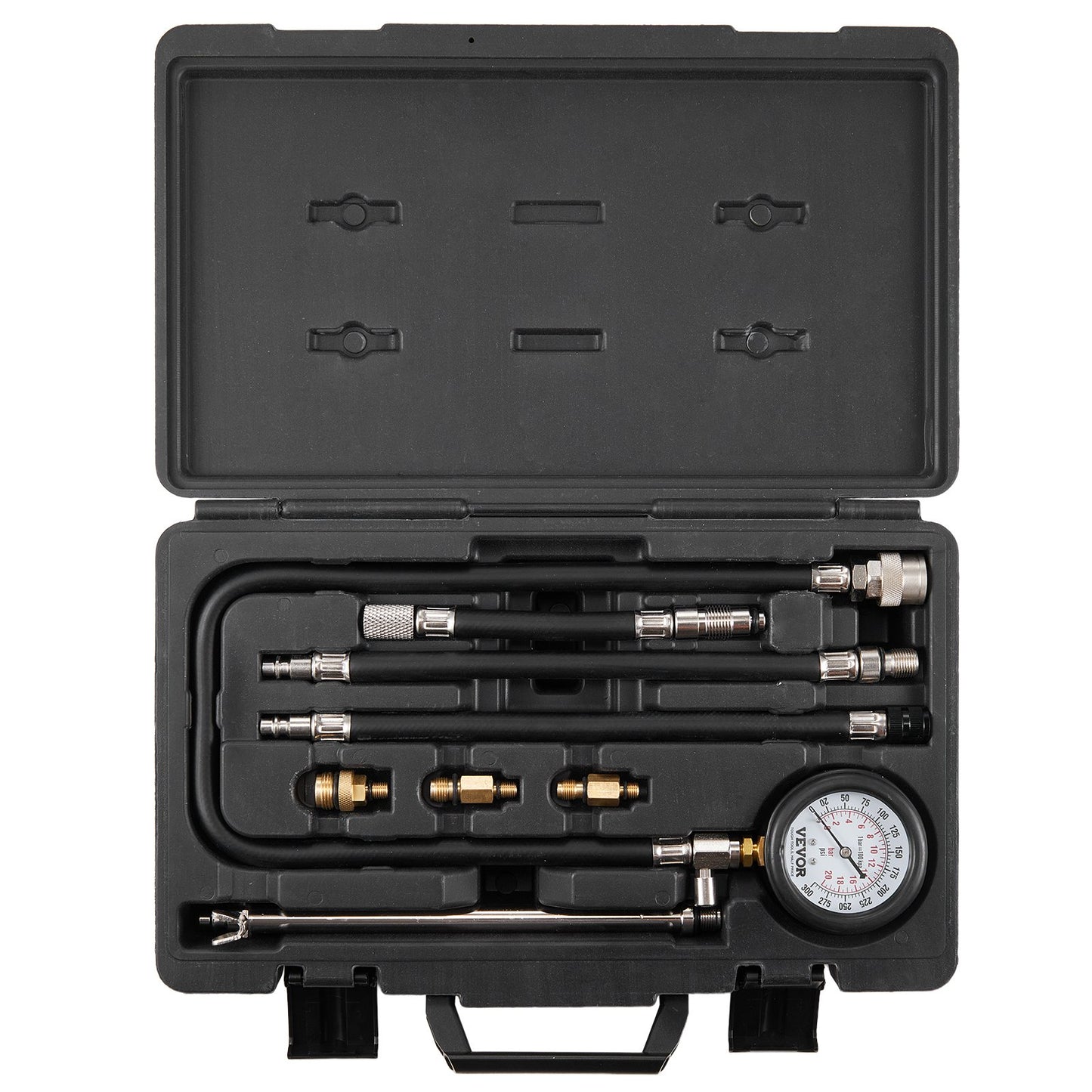 Compression Tester Adapter Kit, 9pcs Car Engine Cylinder Leak Down Compression Test, Accurate Dual Scale Pressure Gauge 0-300 psi, with Long Hoses and Housing for Engine Cylinders