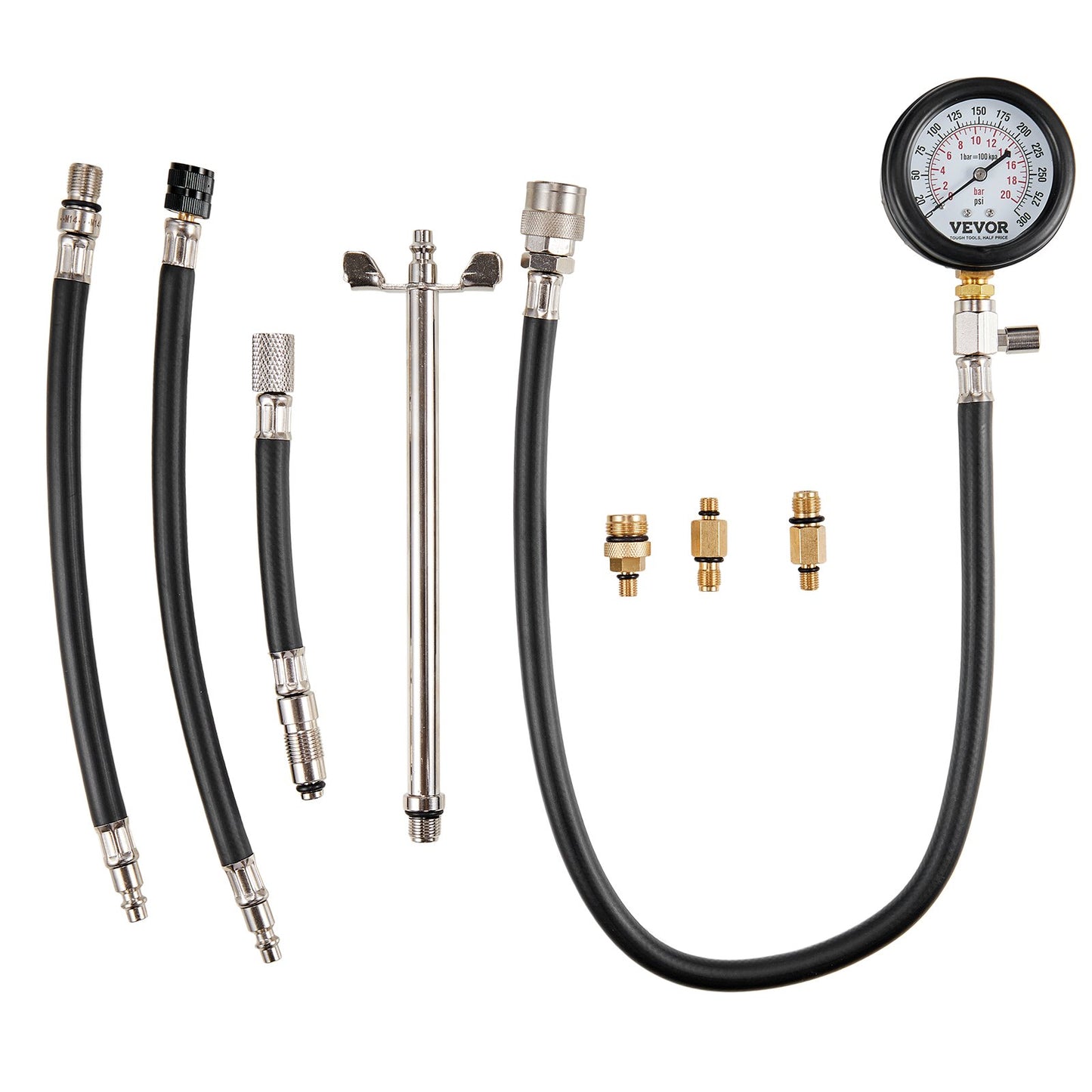 Compression Tester Adapter Kit, 9pcs Car Engine Cylinder Leak Down Compression Test, Accurate Dual Scale Pressure Gauge 0-300 psi, with Long Hoses and Housing for Engine Cylinders