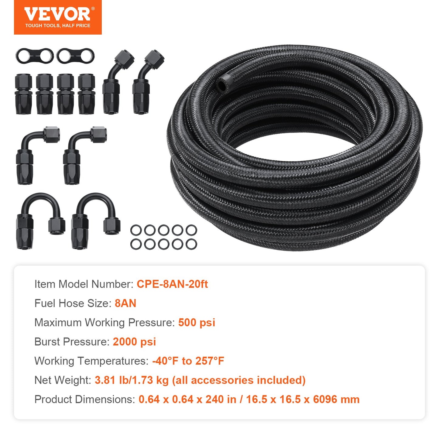 8AN Bränsleledningssats, 20 FT bränsleslangsats, 0,43" nylon, rostfritt stål flätad bränsleledningssats för olja/gas/diesel slangände, med 12-ST svängbar adaptersats, svart