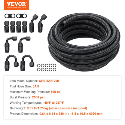 8AN Bränsleledningssats, 20 FT bränsleslangsats, 0,43" nylon, rostfritt stål flätad bränsleledningssats för olja/gas/diesel slangände, med 12-ST svängbar adaptersats, svart