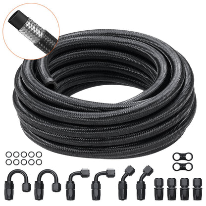 8AN Bränsleledningssats, 20 FT bränsleslangsats, 0,43" nylon, rostfritt stål flätad bränsleledningssats för olja/gas/diesel slangände, med 12-ST svängbar adaptersats, svart