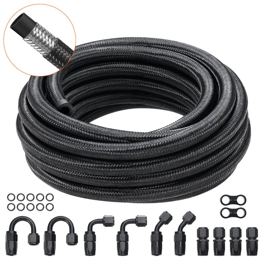 8AN Bränsleledningssats, 20 FT bränsleslangsats, 0,43" nylon, rostfritt stål flätad bränsleledningssats för olja/gas/diesel slangände, med 12-ST svängbar adaptersats, svart