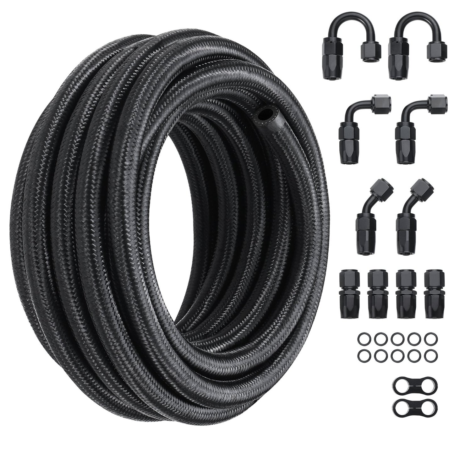 8AN Bränsleledningssats, 20 FT bränsleslangsats, 0,43" nylon, rostfritt stål flätad bränsleledningssats för olja/gas/diesel slangände, med 12-ST svängbar adaptersats, svart